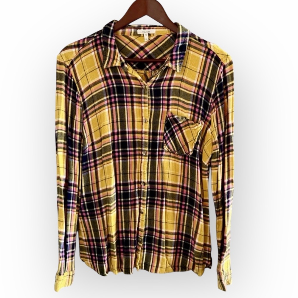 Maurices Women's XL Yellow Plaid Button Down Rayon Shirt Long Sleeve Cabincore